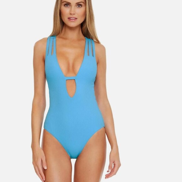 Becca Swim Suit One Piece Fine Line Rib Skylar Plunge Waterfall Blue Size Medium - Picture 2 of 13